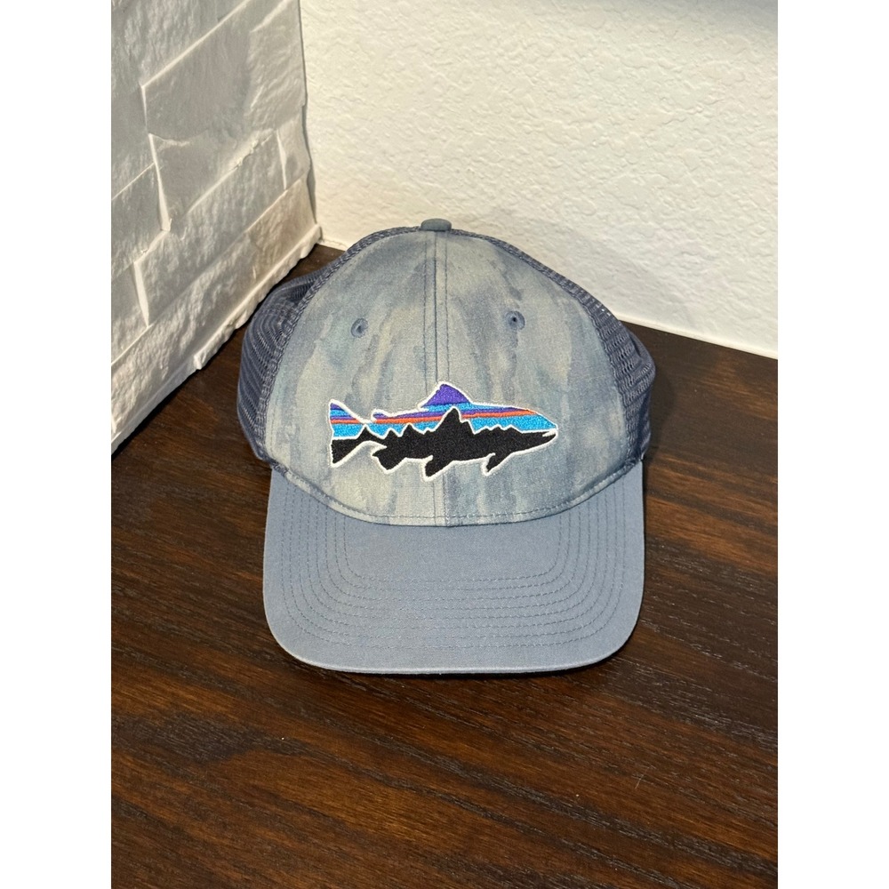 Patagonia Fitz Roy Trout Trucker Hat Blue Acid Wash Snapback Mesh Cap